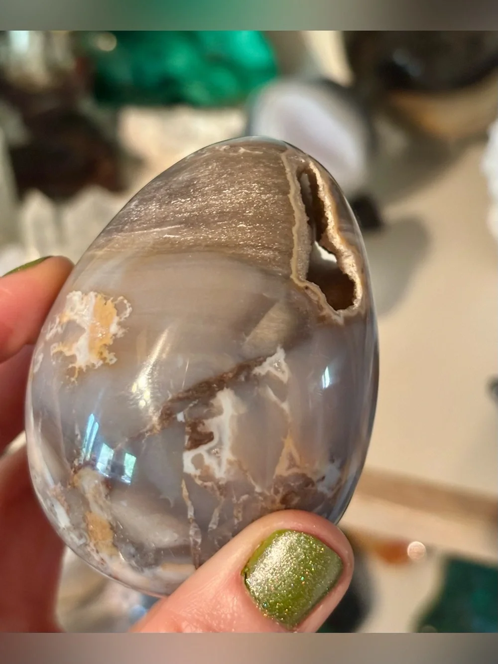 Druzy Ocean Jasper Geode Egg ~400g – Natural Crystal Cavities & Polished Egg